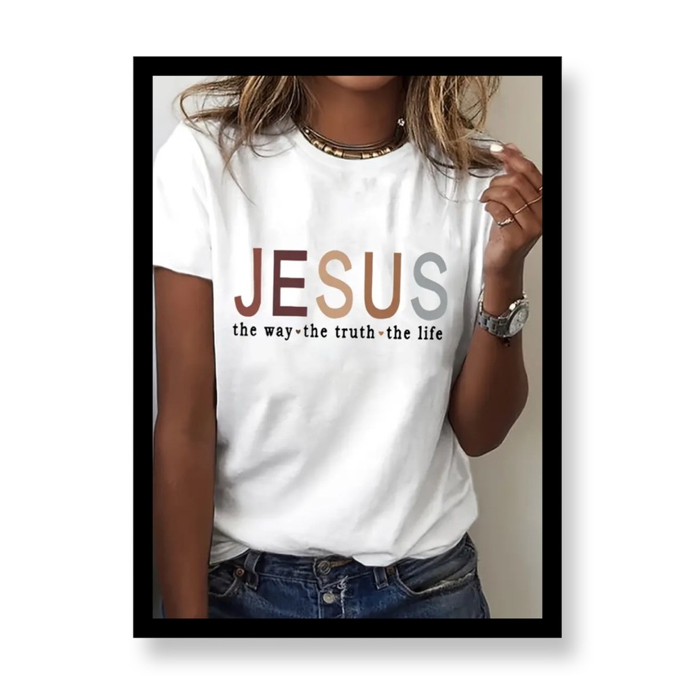 New- White Graphic Tee with Multicolor 'JESUS' Print
